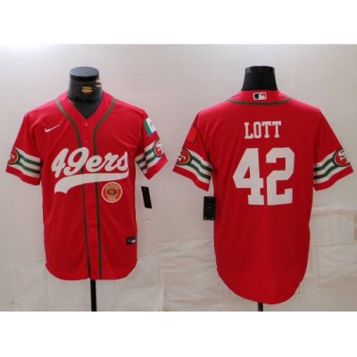 Men San Francisco 49ers 42 Ronnie Lott Red With Patch Cool Base Stitched Baseball Jersey 1