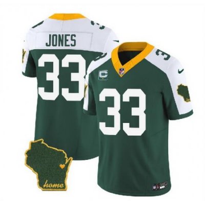 Men Green Bay Packers 33 Aaron Jones Green White 2023 F U S E  Home Patch And 1 Star C Patch Vapor Untouchable Limited Stitched Jersey