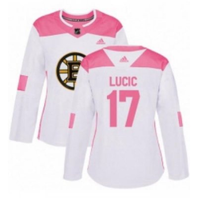 Womens Adidas Boston Bruins 17 Milan Lucic Authentic WhitePink Fashion NHL Jersey