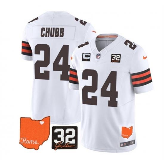 Men Cleveland Browns 24 Nick Chubb White 2023 F U S E  With Jim Brown Memorial Patch And 1 Star C Patch Vapor Untouchable Limited Stitched Jersey