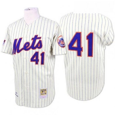 Mens Mitchell and Ness NeW York Mets 41 Tom Seaver Authentic WhiteBlue Strip ThroWback MLB Jersey