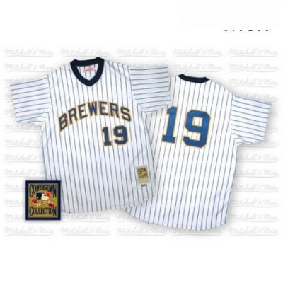 Mens Mitchell and Ness Milwaukee Brewers 19 Robin Yount Authentic WhiteBlue Strip Throwback MLB Jersey