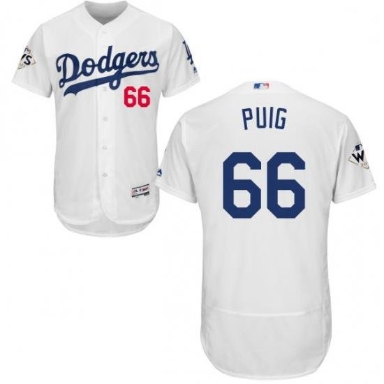 Mens Majestic Los Angeles Dodgers 66 Yasiel Puig Authentic White Home 2017 World Series Bound Flex Base Jersey