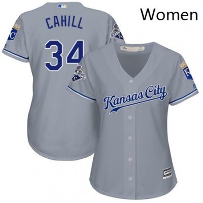 Womens Majestic Kansas City Royals 34 Trevor Cahill Replica Grey Road Cool Base MLB Jersey