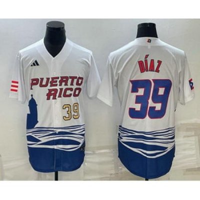 Men's Puerto Rico Baseball #39 EdWin Diaz Number 2023 White World Baseball Classic Stitched Jersey