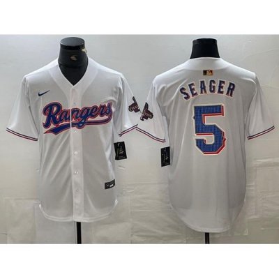 Men Texas Rangers 5 Corey Seager White 2023 World Series Champions Cool Base Jersey