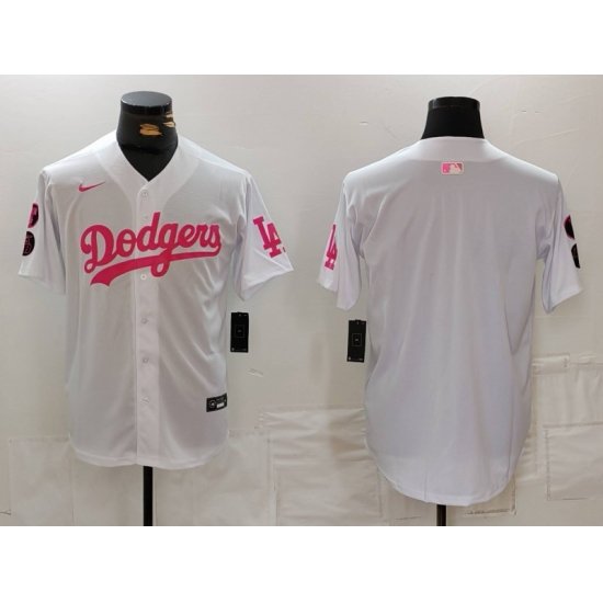 Men Los Angeles Dodgers Team Big Logo White Pink Vin  26 Kobe Patch Stitched Baseball Jersey 003