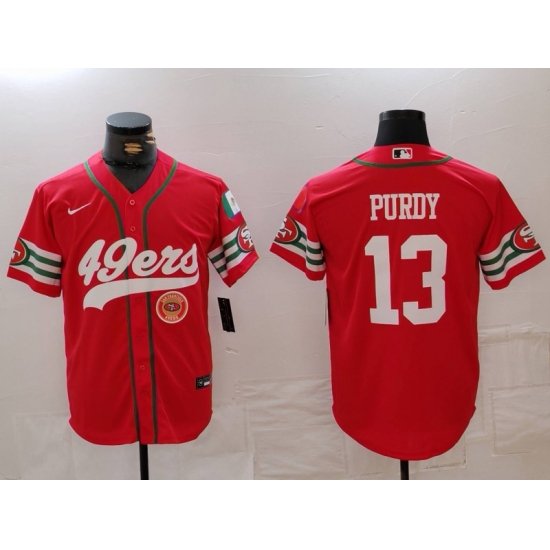 Men San Francisco 49ers 13 Brock Purdy Red With Patch Cool Base Stitched Baseball Jersey 3