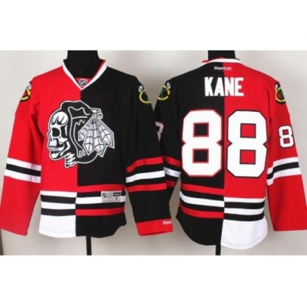 Chicago Blackhawks 88 Patrick Kane White Skull Logo Fashion Black Red Split NHL Jerseys