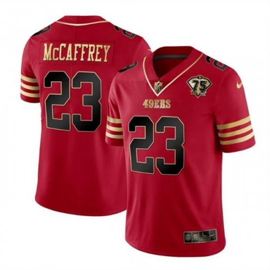 Men San Francisco 49ers 23 Christian McCaffrey Red Gold With 75th Patch Cool Base Stitched Jersey