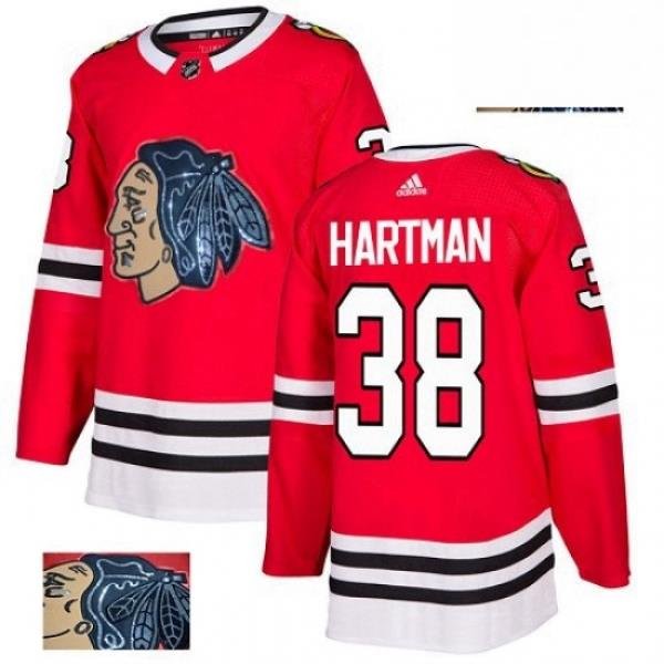 Mens Adidas Chicago Blackhawks 38 Ryan Hartman Authentic Red Fashion Gold NHL Jersey