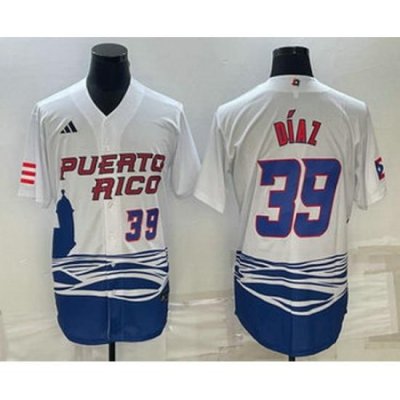 Mens Puerto Rico Baseball #39 EdWin Diaz Number 2023 White World Baseball Classic Stitched Jersey