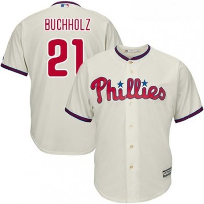 Youth Majestic Philadelphia Phillies 21 Clay Buchholz Authentic Cream Alternate Cool Base MLB Jersey