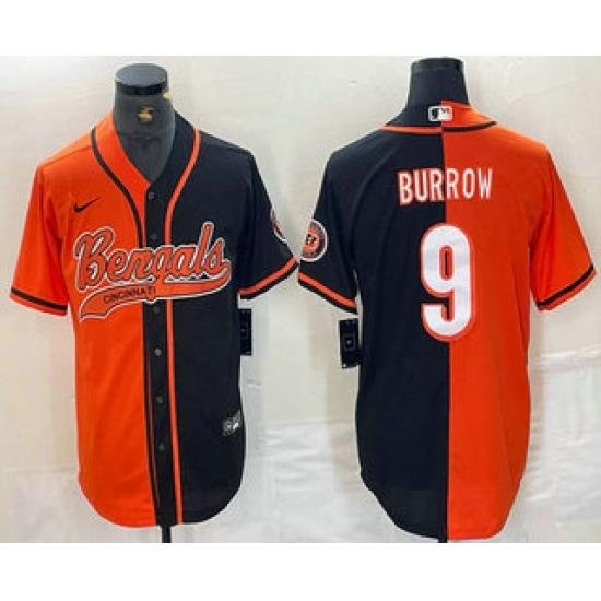 Men Cincinnati Bengals 9 Joe Burrow Orange Black Two Tone Cool Base Stitched Baseball Jersey