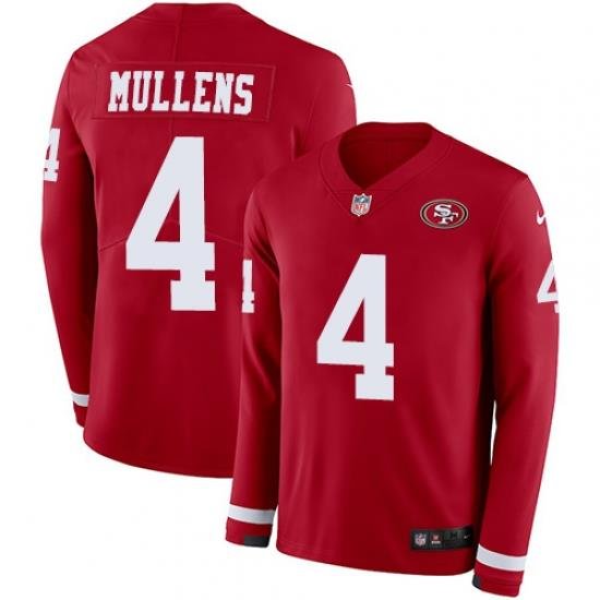 Nike 49ers #4 Nick Mullens Red Team Color Men Stitched NFL Limited Therma Long Sleeve Jersey