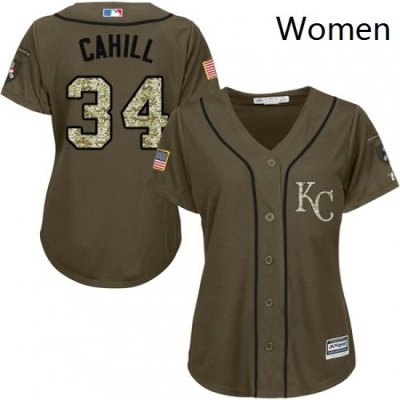 Womens Majestic Kansas City Royals 34 Trevor Cahill Authentic Green Salute to Service MLB Jersey