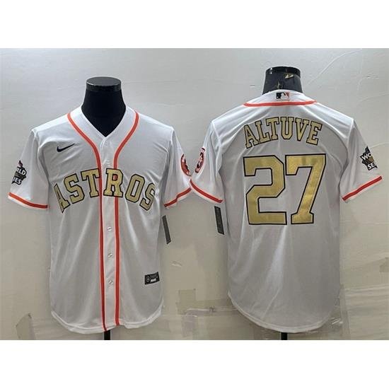 Men Houston Astros 27 Jose Altuve White Gold 2022 World Series Stitched Baseball Jersey