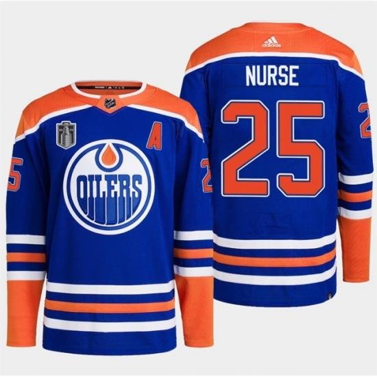 Men Edmonton Oilers 25 Darnell Nurse Royal 2024 Stanley Cup Final Patch Stitched Jersey