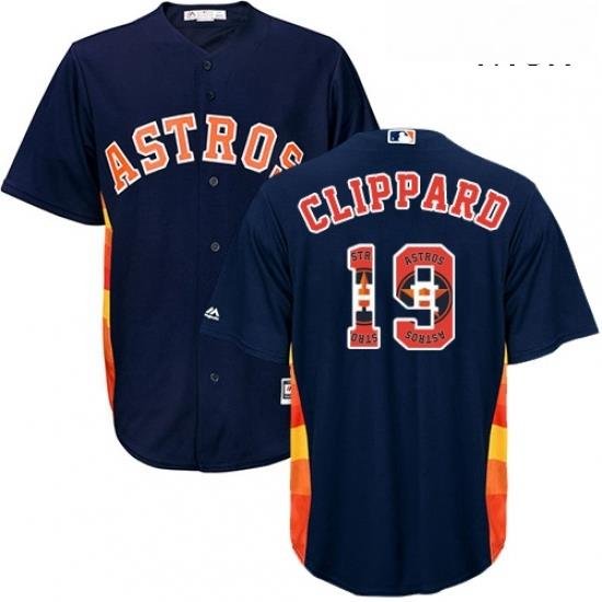 Mens Majestic Houston Astros 19 Tyler Clippard Authentic Navy Blue Team Logo Fashion Cool Base MLB Jersey