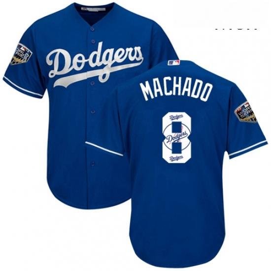 Mens Majestic Los Angeles Dodgers 8 Manny Machado Authentic Royal Blue Team Logo Fashion Cool Base 2018 World Series MLB Jersey