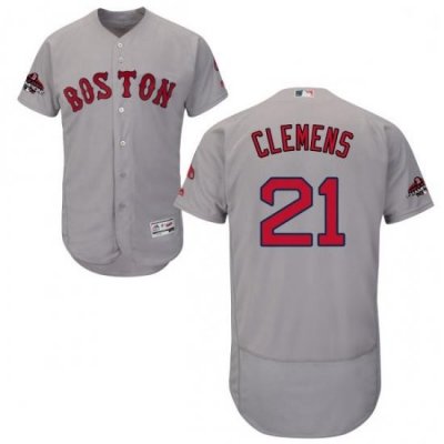 Mens Majestic Boston Red Sox 21 Roger Clemens Grey Road Flex Base Authentic Collection 2018 World Series Jersey