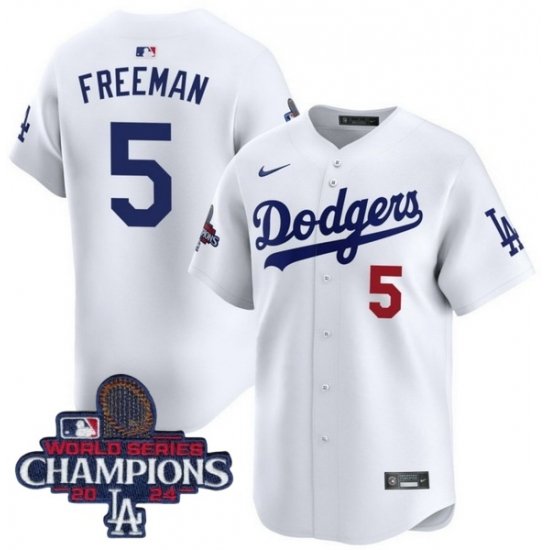 Men Nike Los Angeles Dodgers Freddie Freeman #5 White Flex Base 2024 World Series Champions Stitched MLB Jersey