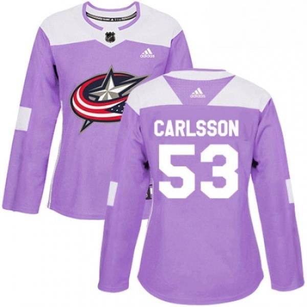 Womens Adidas Columbus Blue Jackets 53 Gabriel Carlsson Authentic Purple Fights Cancer Practice NHL Jersey