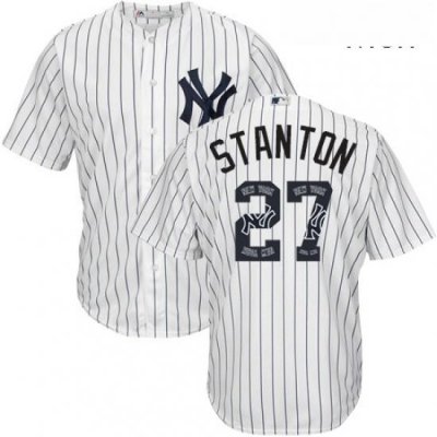 Mens Majestic New York Yankees 27 Giancarlo Stanton Authentic White Team Logo Fashion MLB Jersey