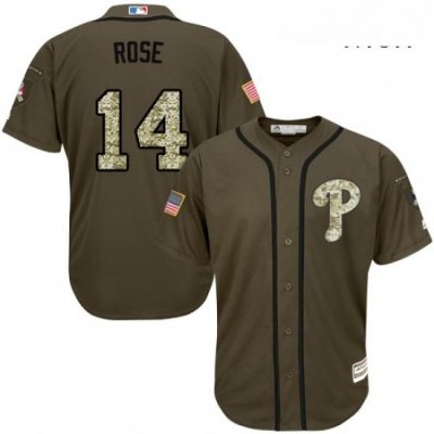 Mens Majestic Philadelphia Phillies 14 Pete Rose Replica Green Salute to Service MLB Jersey