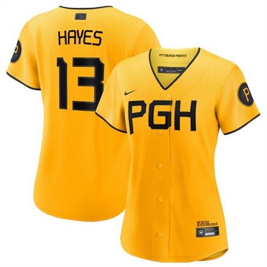 Women Pittsburgh Pirates 13 Ke 27Bryan Hayes Gold 2023 City Connect Stitched Jersey