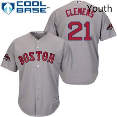 Youth Majestic Boston Red Sox 21 Roger Clemens Authentic Grey Road Cool Base 2018 World Series Champions MLB Jersey