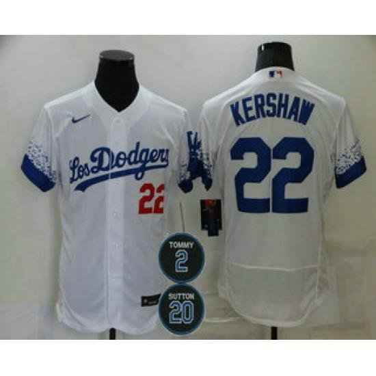 Men Los Angeles Dodgers 22 Clayton KershaW White 2 20 Patch City Connect Flex Base Stitched Jersey