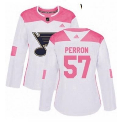 Womens Adidas St Louis Blues 57 David Perron Authentic White Pink Fashion NHL Jersey