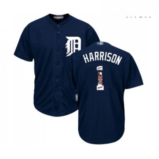 Mens Detroit Tigers 1 Josh Harrison Authentic Navy Blue Team Logo Fashion Cool Base Baseball Jersey