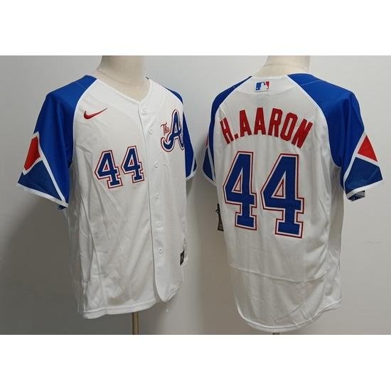 Men's Atlanta Braves #44 Hank Aaron White 2023 City Connect Flex Base Stitched Baseball Jersey