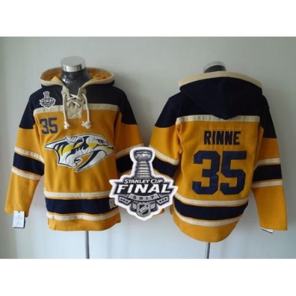 Predators #35 Pekka Rinne Yellow Sawyer Hooded Sweatshirt 2017 Stanley Cup Final Patch Stitched NHL Jersey