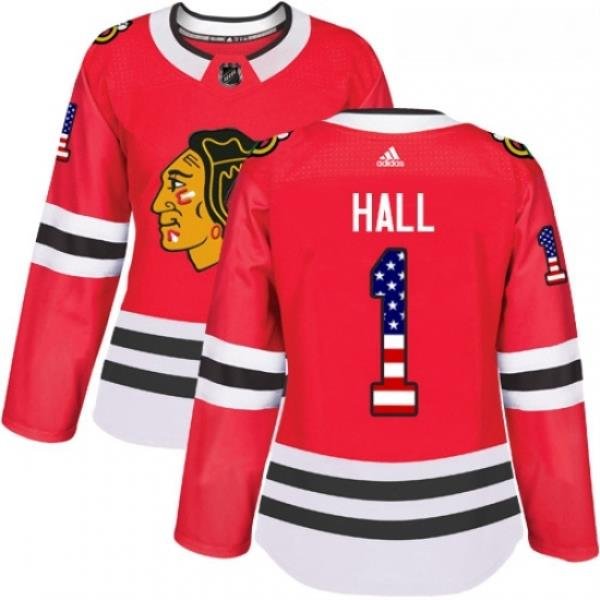 Womens Adidas Chicago Blackhawks 1 Glenn Hall Authentic Red USA Flag Fashion NHL Jersey