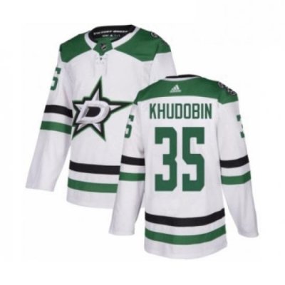 Mens Adidas Dallas Stars 35 Anton Khudobin Authentic White Away NHL Jersey