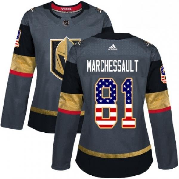 Womens Adidas Vegas Golden Knights 81 Jonathan Marchessault Authentic Gray USA Flag Fashion NHL Jersey