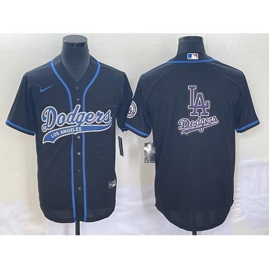 Men's Los Angeles Dodgers Black Team Big Logo With Patch Cool Base Stitched Baseball Jersey1