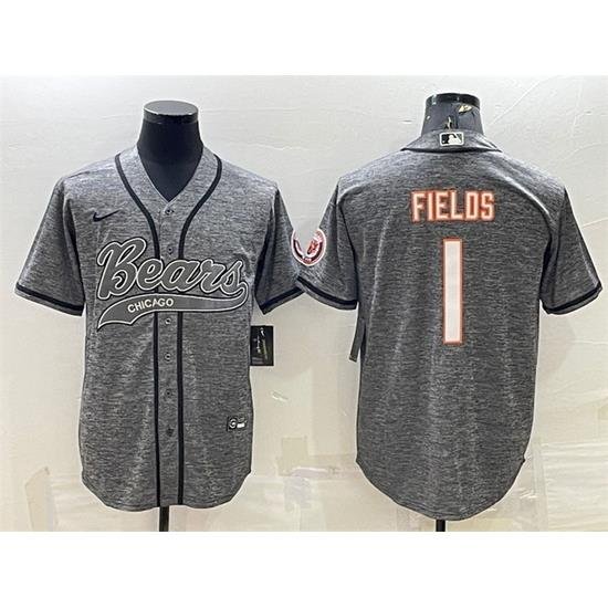 Men Chicago Bears 1 Justin Fields Grey With Patch Cool Base Stitched Baseball Jersey