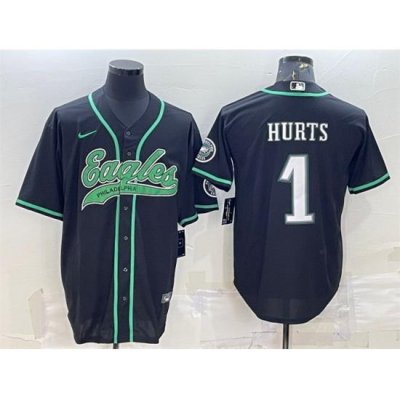 Men Philadelphia Eagles 1 Jalen Hurts Black With Patch Cool Base Stitched Baseball Jersey