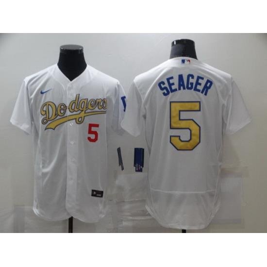 Men Los Angeles Dodgers 5 Corey Seager 2020 White Gold Sttiched Nike MLB Jersey