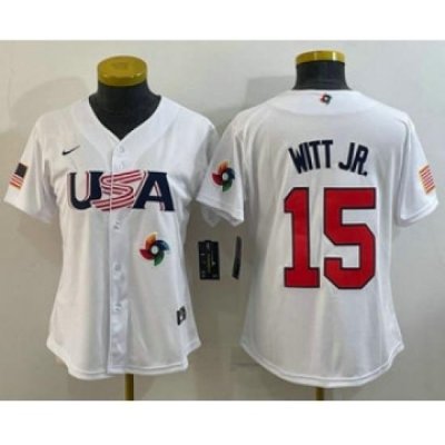 Womens USA Baseball 15 Bobby Witt Jr 2023 White World Classic Replica Stitched Jersey