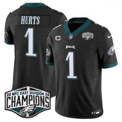 Men Philadelphia Eagles 1 Jalen Hurts Black 2024 NFC East Champions With 3 Star C Patch F U S E  Vapor Untouchable Limited Stitched Football Jersey