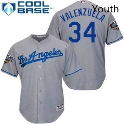 Youth Majestic Los Angeles Dodgers 34 Fernando Valenzuela Authentic Grey Road Cool Base 2018 World Series MLB Jersey