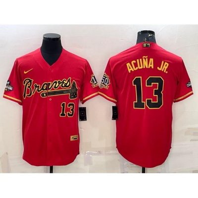 Men Atlanta Braves 13 Ronald Acuna Jr  Red Gold Cool Base Stitched Baseball Jersey