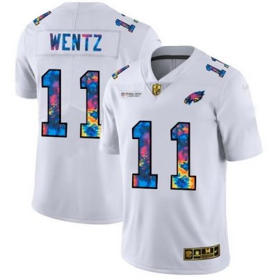 Philadelphia Eagles 11 Carson Wentz Men White Nike Multi Color 2020 NFL Crucial Catch Limited NFL Jersey