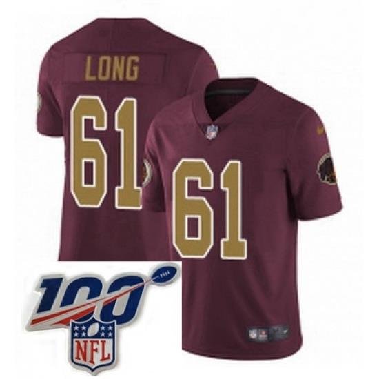 Mens Nike Washington Redskins 61 Spencer Long Burgundy RedGold Number Alternate 80TH Anniversary Vapor Untouchable Limited Stitched 100th anniversary Neck