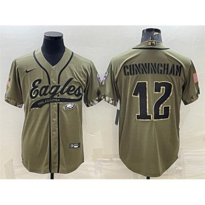 Men Philadelphia Eagles 12 Randall Cunningham Olive 2022 Salute To Service Cool Base Stitched Baseball Jersey